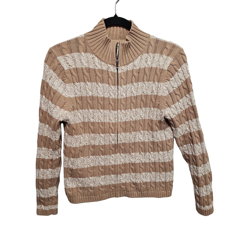 LL‎ Bean Sweater Full Zip Women Size M Petite Cable Knit 100% Cotton ID 290769